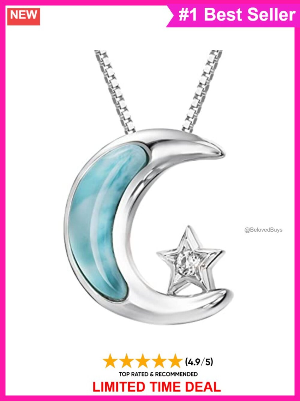 Sterling Silver Larimar CZ Star Moon Pendant Necklace 18in Box Chain